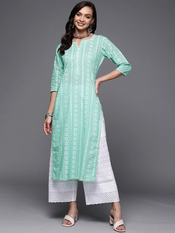 Sea Green Printed Cotton Straight Kurta