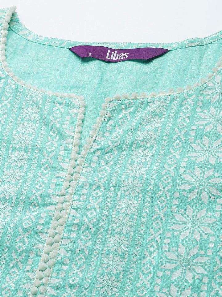 Sea Green Printed Cotton Straight Kurta