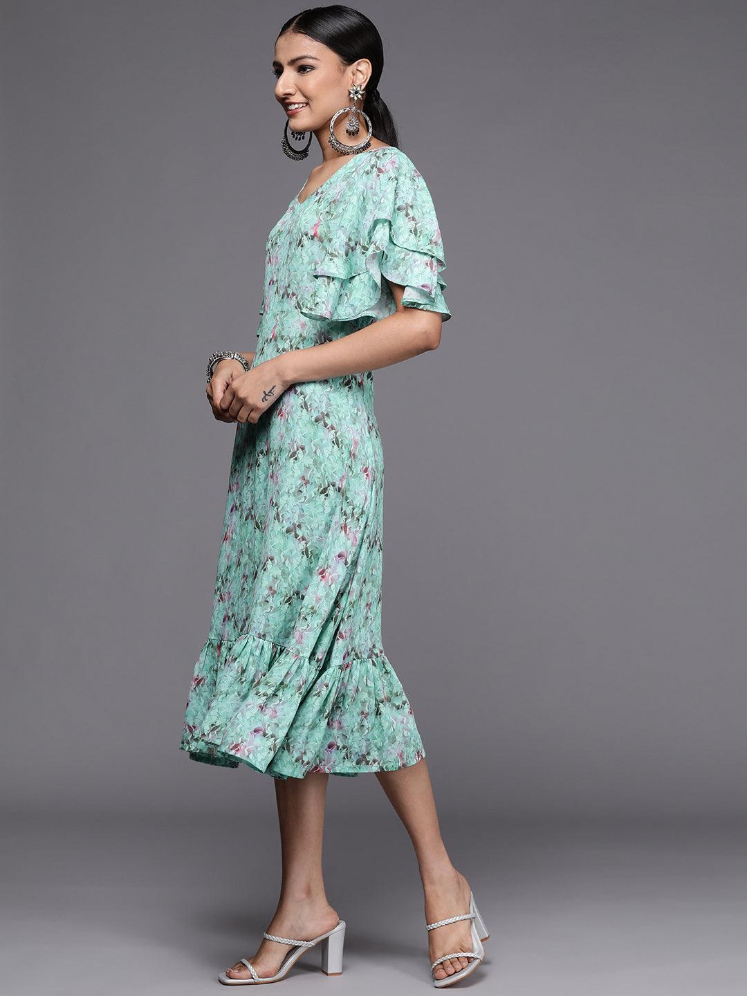 Sea Green Printed Georgette Flared Dress - ShopLibas