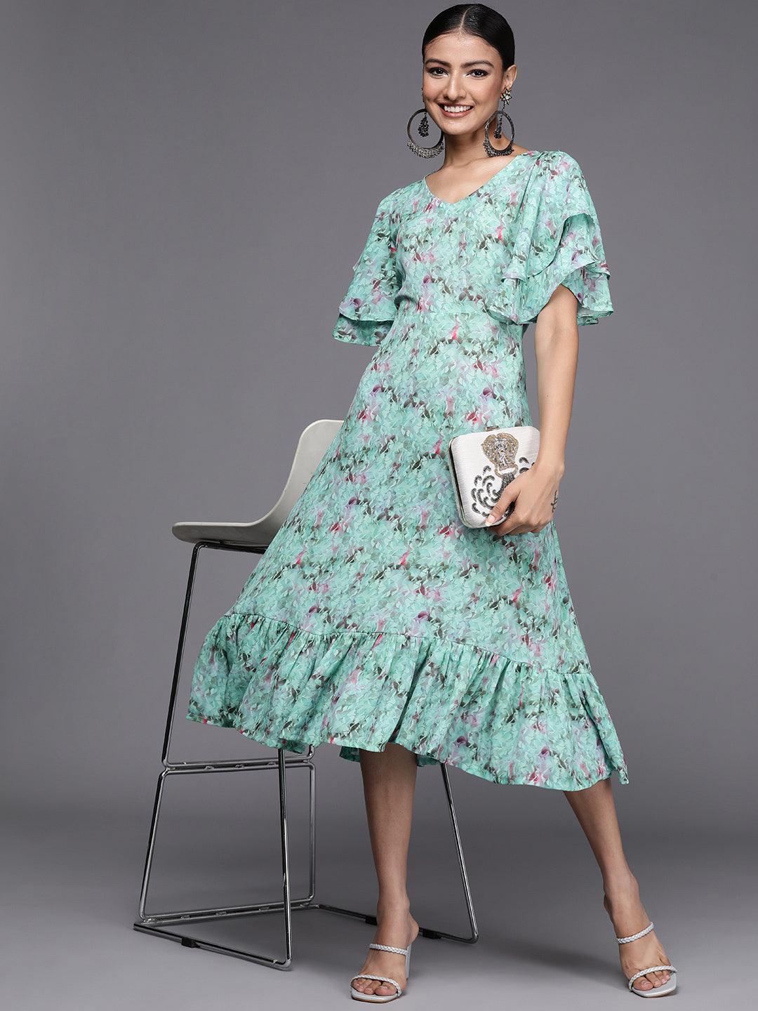 Sea Green Printed Georgette Flared Dress - ShopLibas
