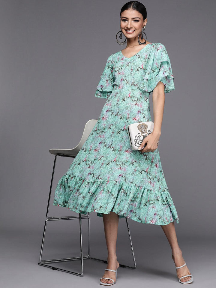 Sea Green Printed Georgette Flared Dress