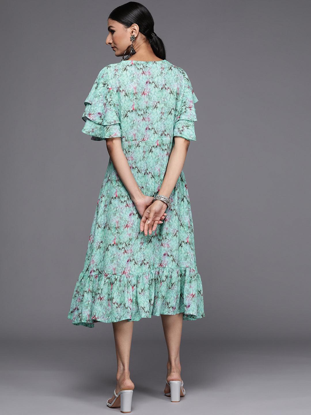 Sea Green Printed Georgette Flared Dress - ShopLibas