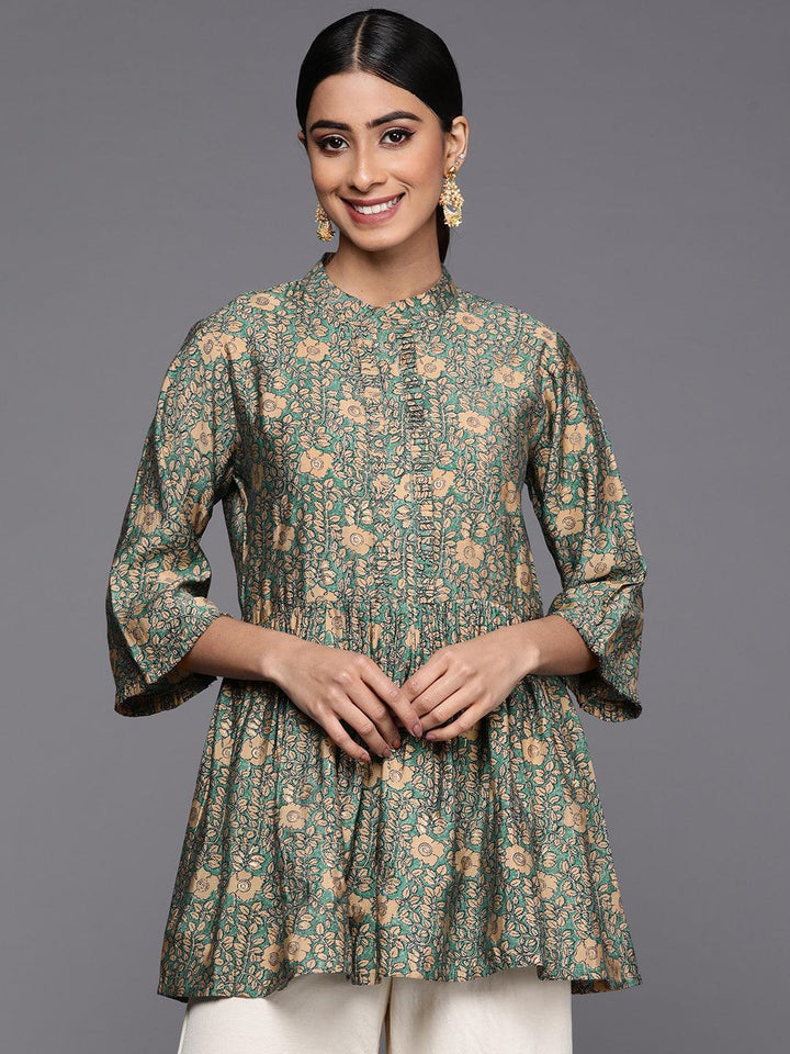 Sea Green Printed Silk Blend A-Line Kurti