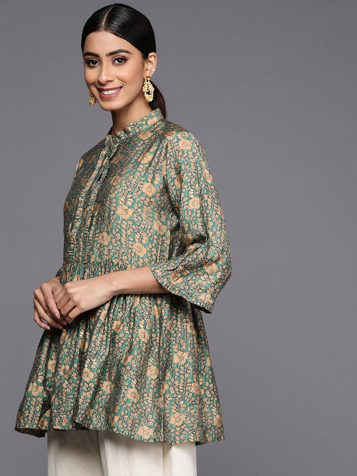 Sea Green Printed Silk Blend A-Line Kurti