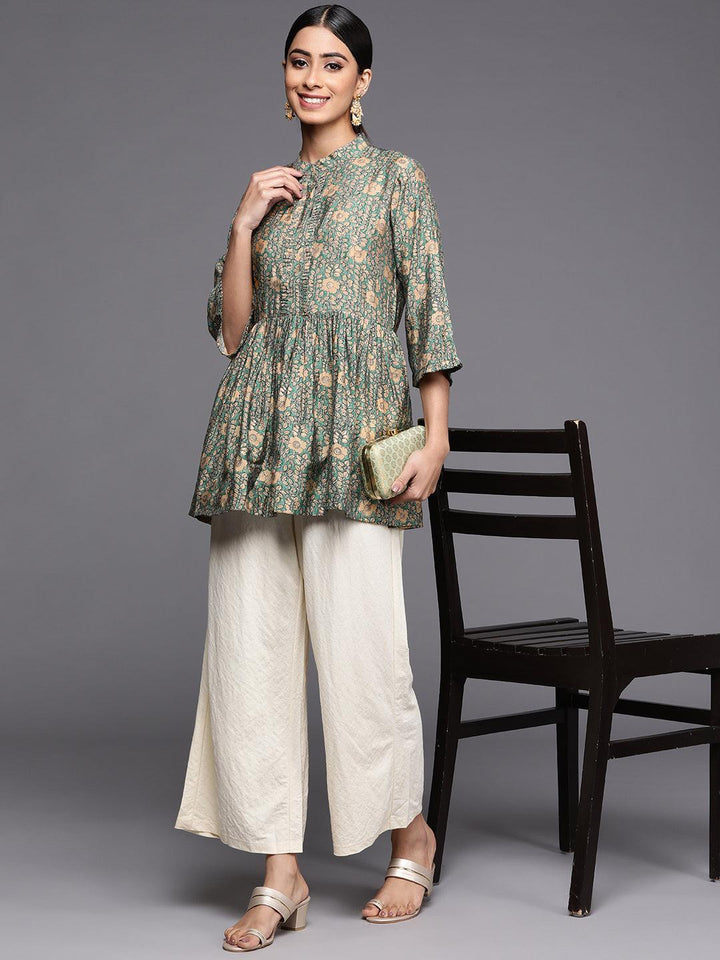Sea Green Printed Silk Blend A-Line Kurti