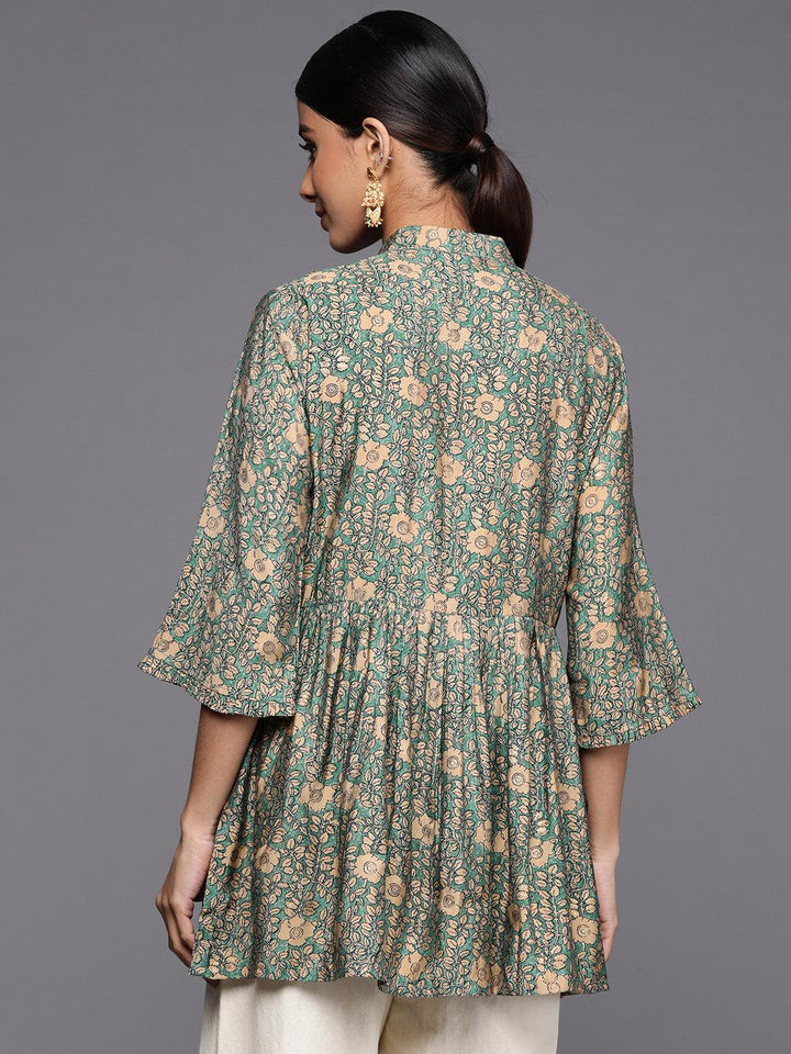 Sea Green Printed Silk Blend A-Line Kurti