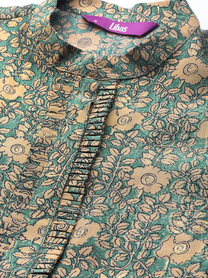 Sea Green Printed Silk Blend A-Line Kurti