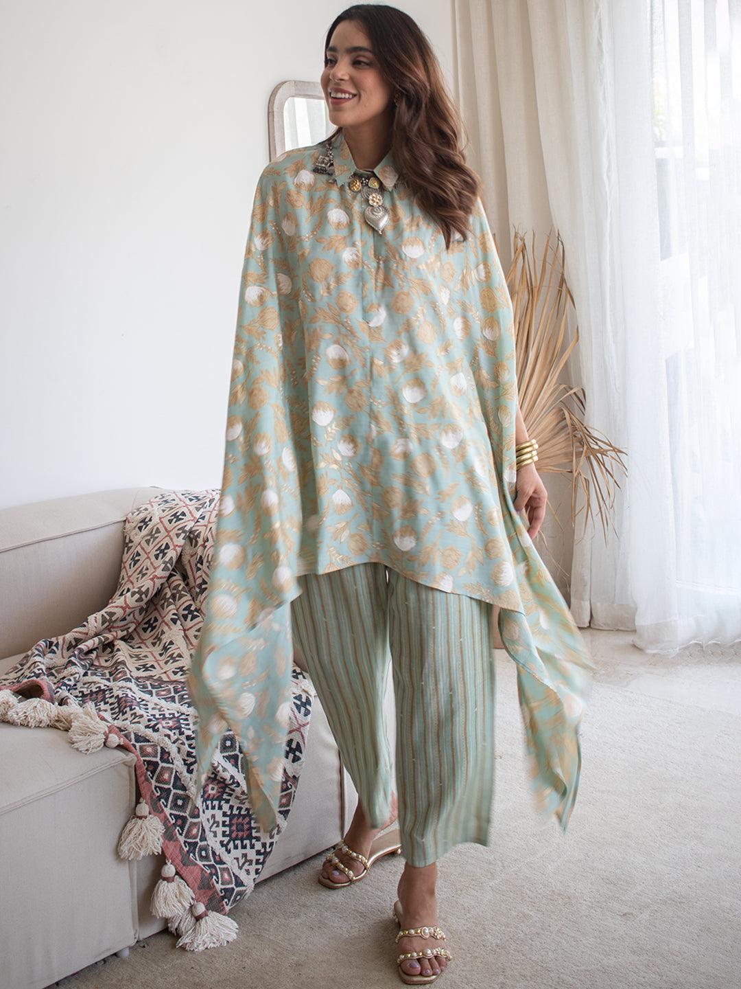 Sea Green Printed Silk Blend Kurta Set - ShopLibas