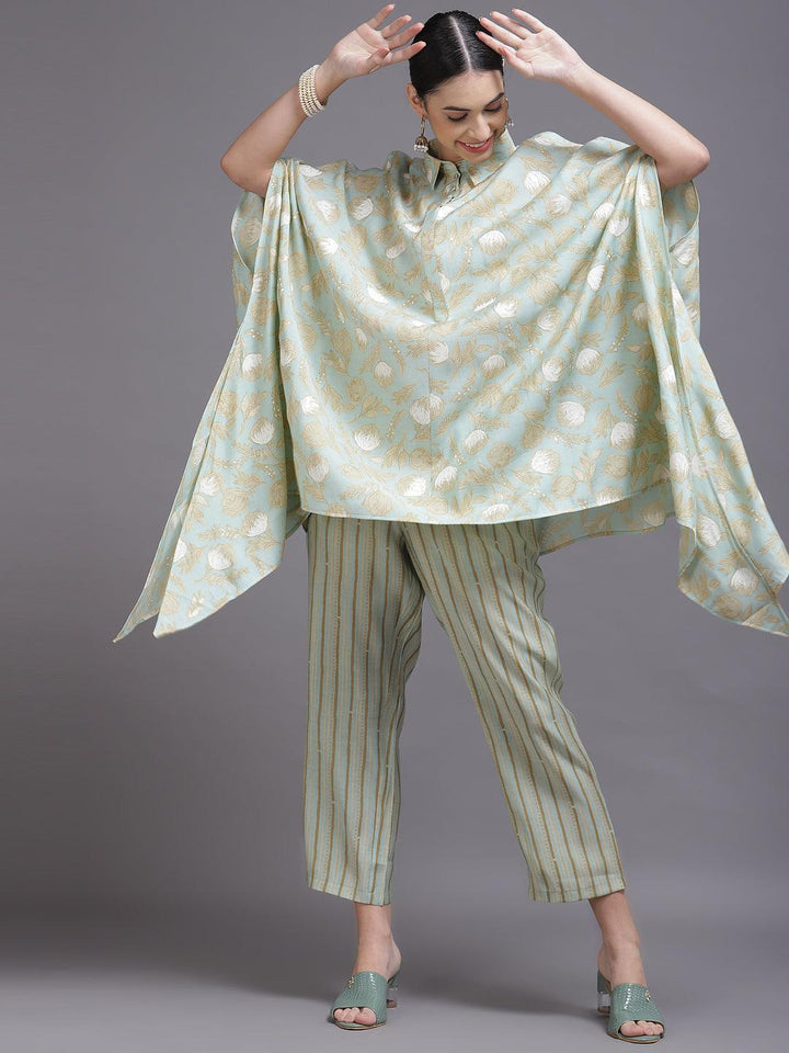 Sea Green Printed Silk Blend Kurta Set