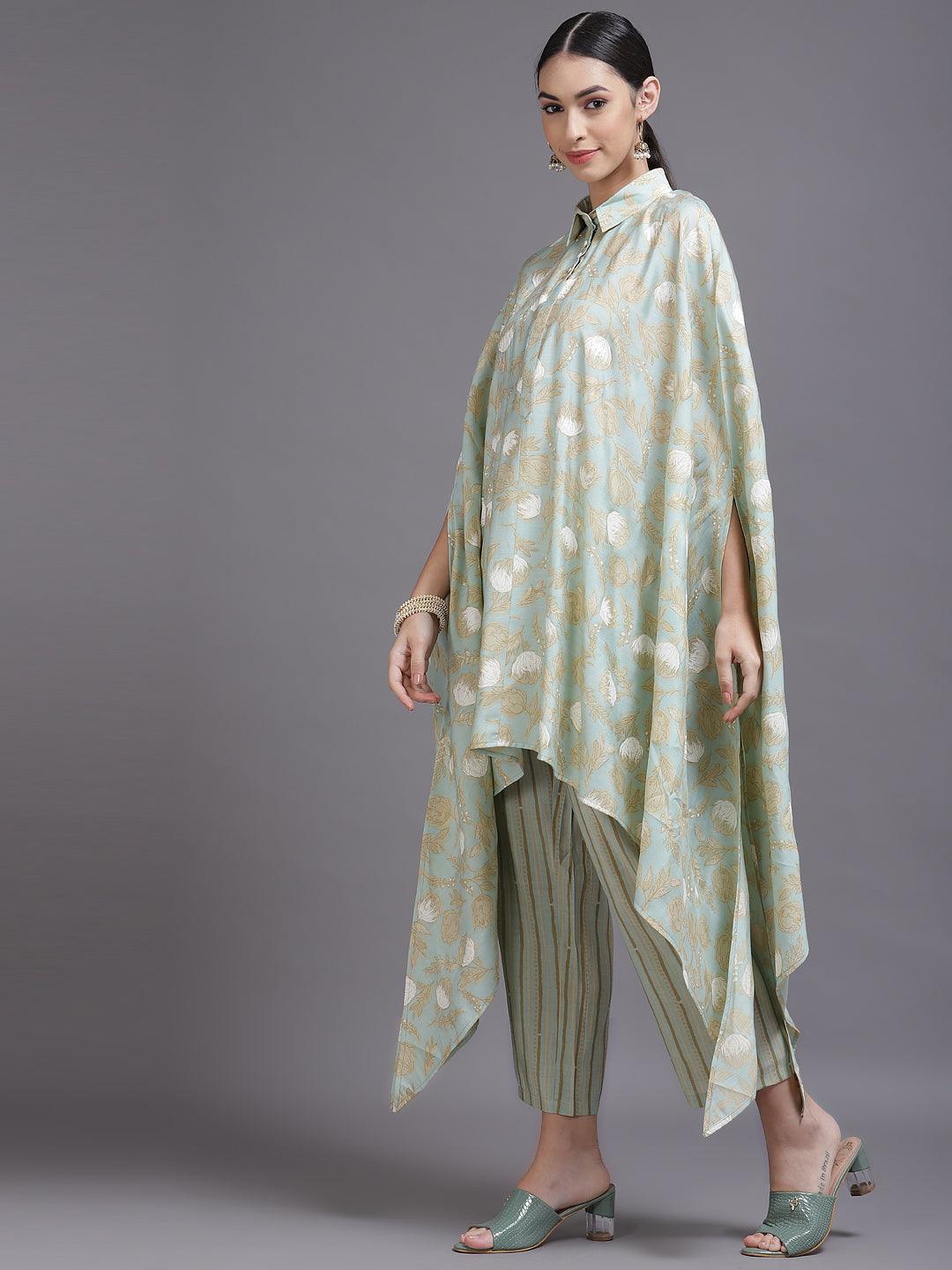 Sea Green Printed Silk Blend Kurta Set - ShopLibas