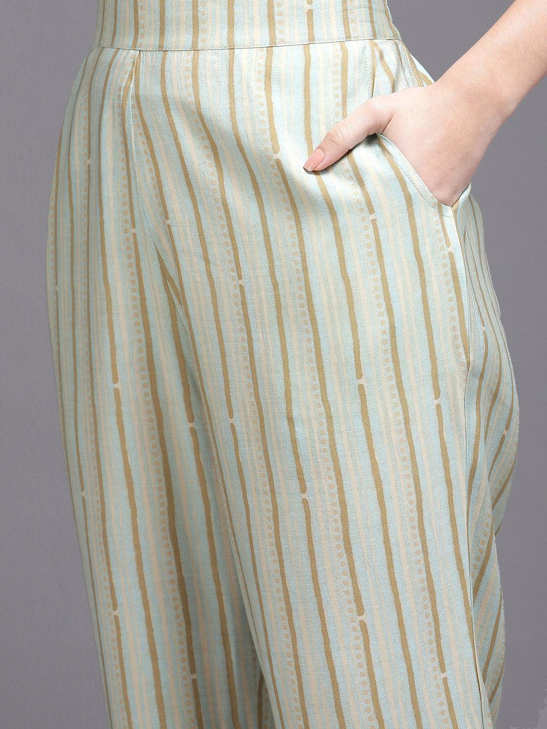 Sea Green Printed Silk Blend Kurta Set - ShopLibas