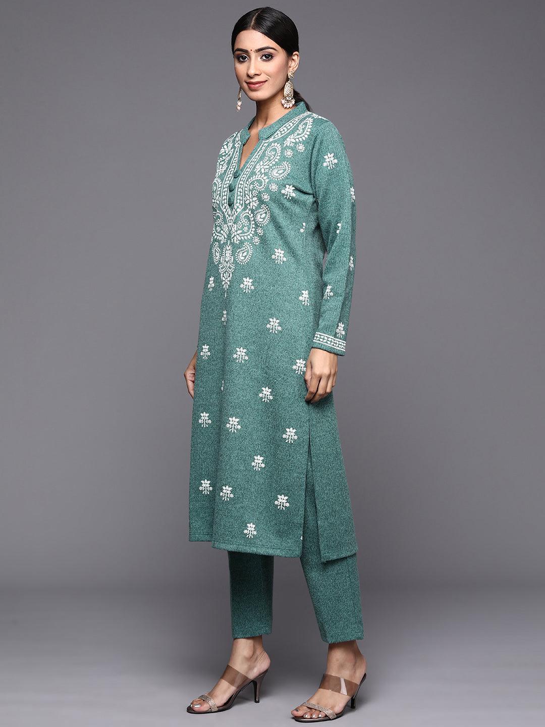 Sea Green Printed Wool Straight Suit Set - ShopLibas