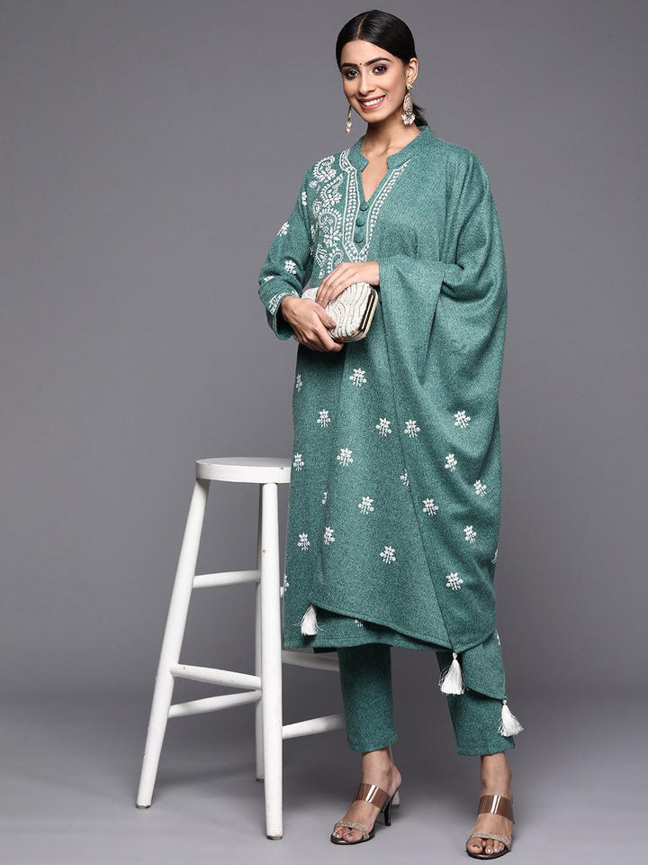 Sea Green Printed Wool Straight Suit Set