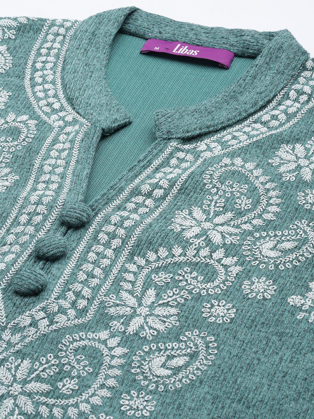 Sea Green Printed Wool Straight Suit Set - ShopLibas