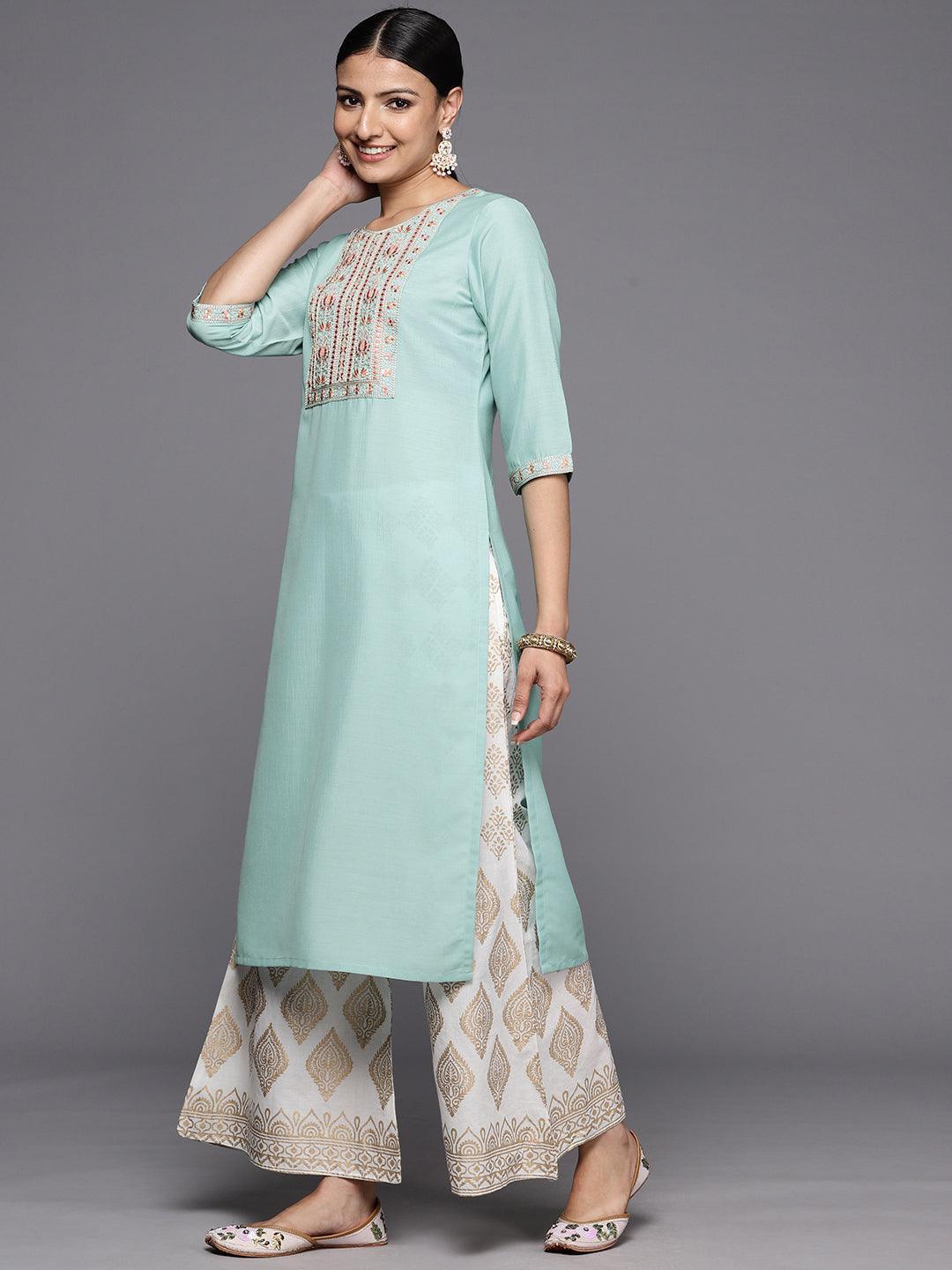 Sea Green Printed Silk Straight Kurta - ShopLibas