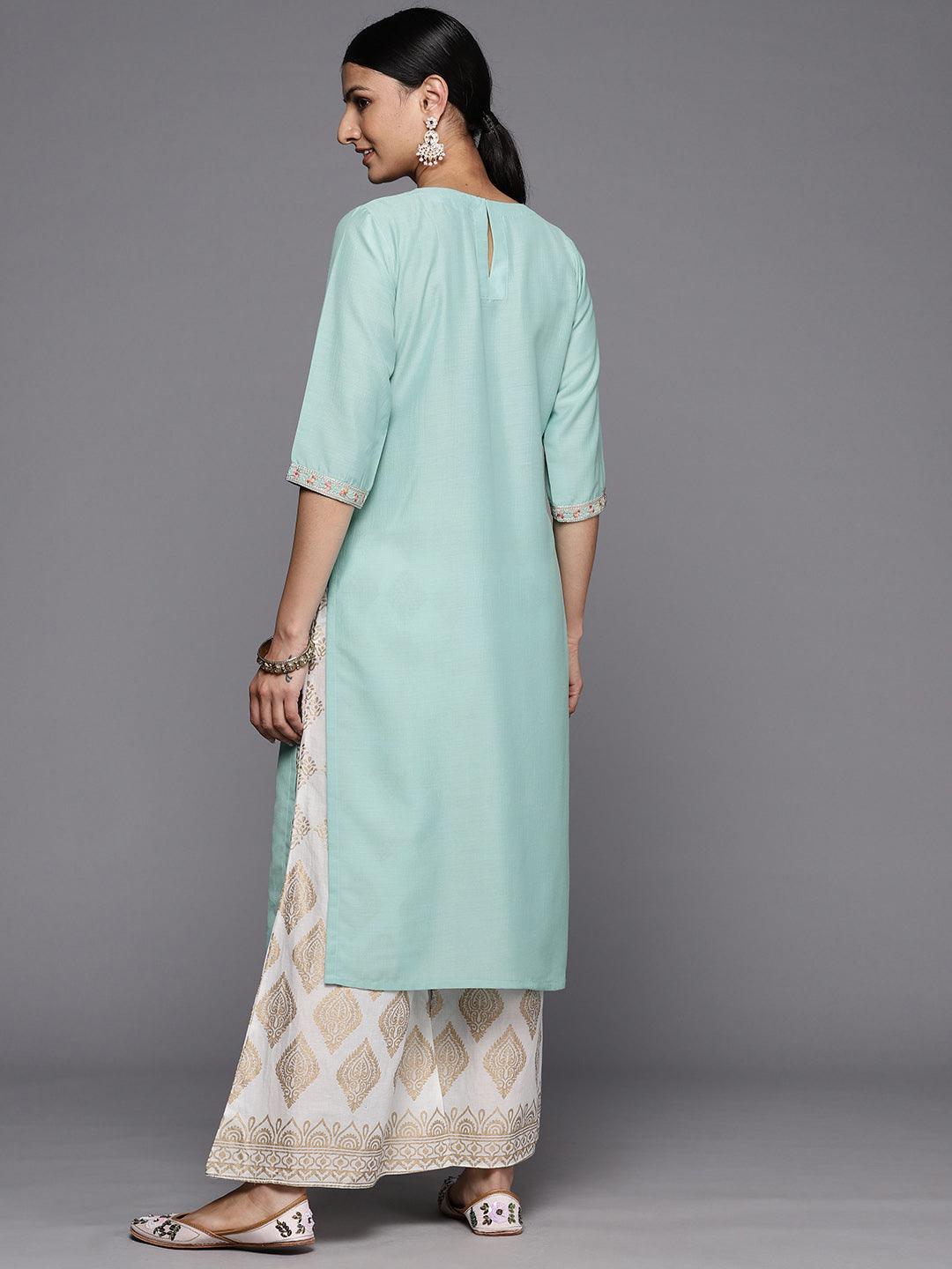 Sea Green Printed Silk Straight Kurta - ShopLibas