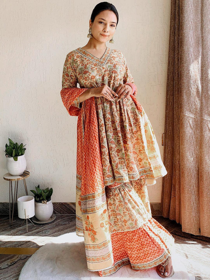 Tan Printed Cotton Anarkali Sharara Suit Set