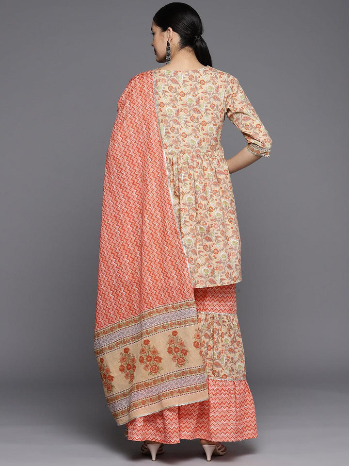 Tan Printed Cotton Anarkali Sharara Suit Set