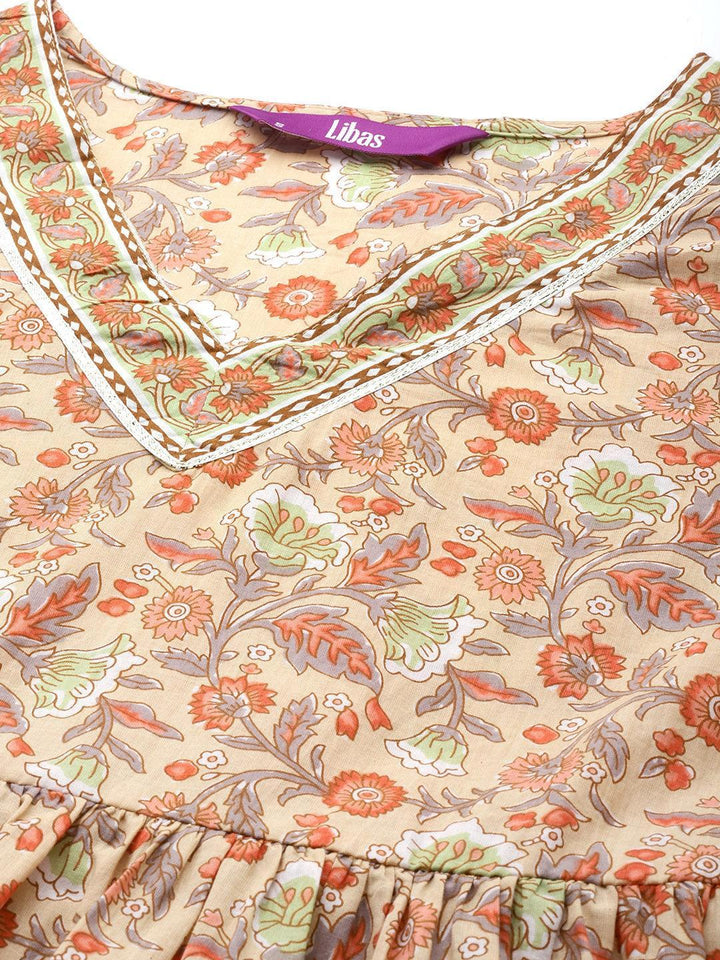 Tan Printed Cotton Anarkali Sharara Suit Set