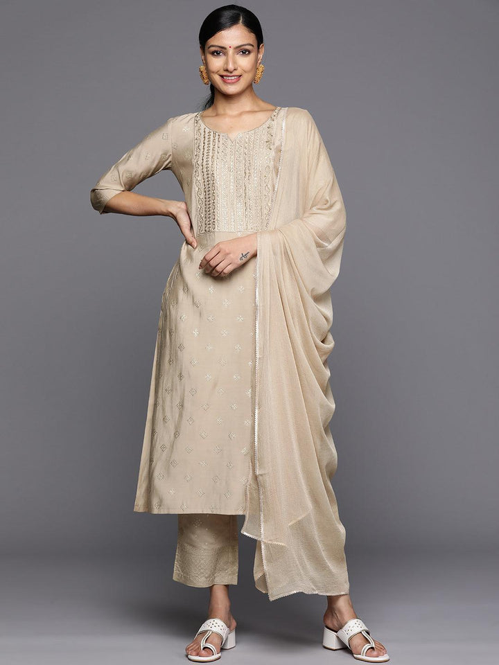 Tan Printed Silk Blend Straight Kurta With Trousers & Dupatta