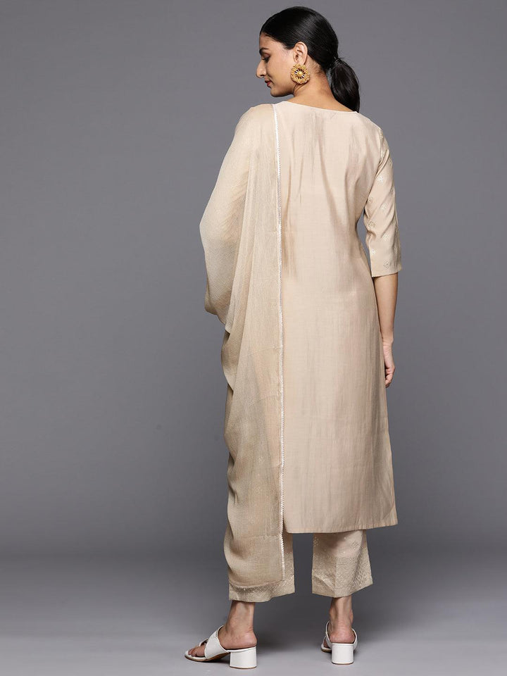 Tan Printed Silk Blend Straight Kurta With Trousers & Dupatta
