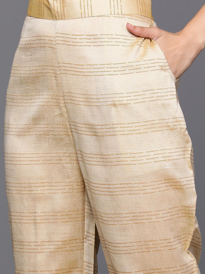 Tan Printed Silk Blend Straight Kurta With Trousers & Dupatta