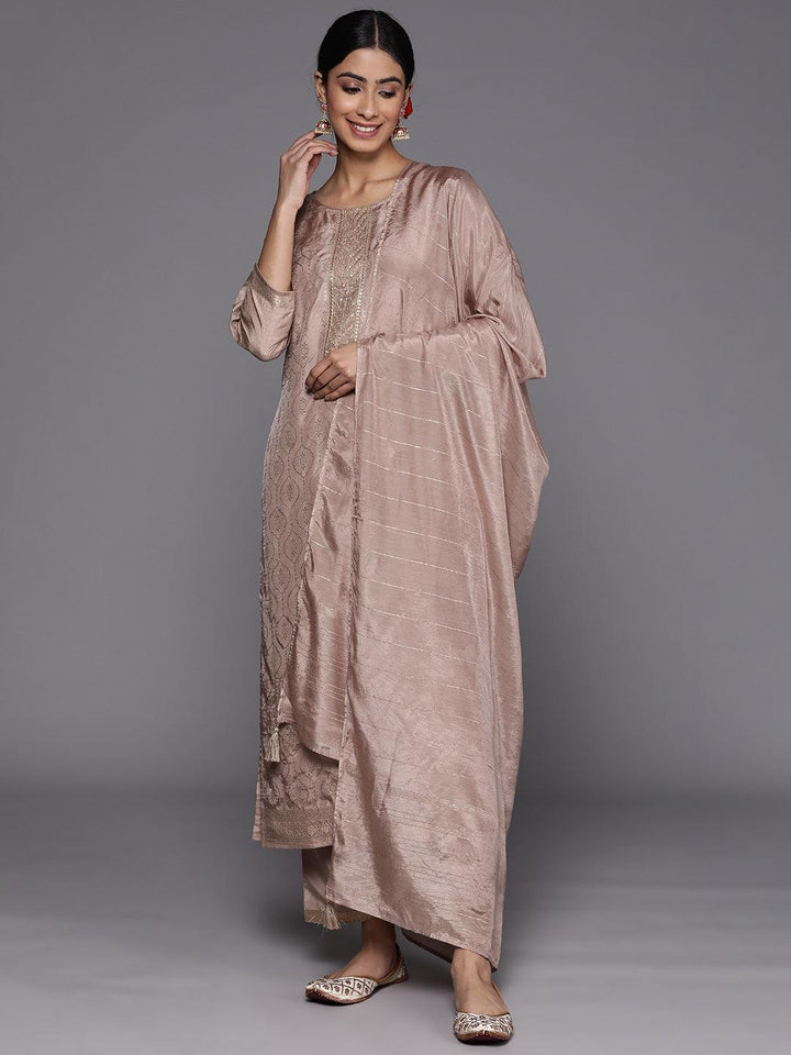 Taupe Embroidered Silk Blend Suit Set With Trousers