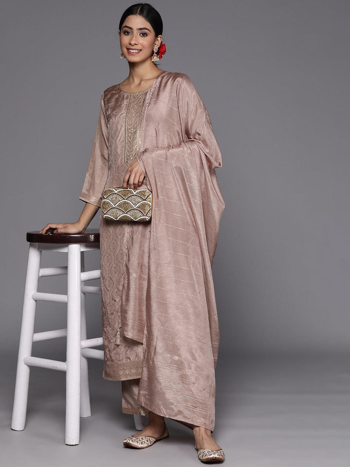 Taupe Embroidered Silk Blend Suit Set With Trousers