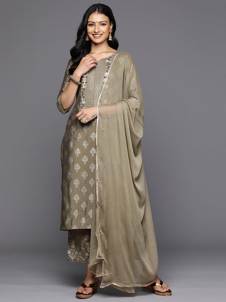 Taupe Printed Silk Blend Straight Kurta With Trousers & Dupatta