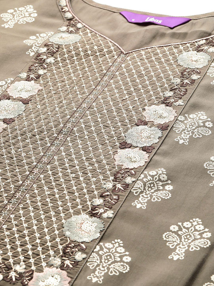 Taupe Printed Silk Blend Straight Kurta With Trousers & Dupatta