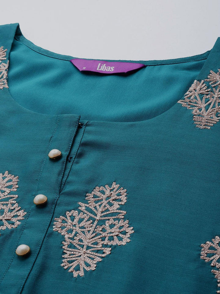 Teal Embroidered Chanderi Silk Straight Suit Set