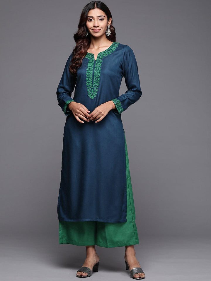 Teal Embroidered Pashmina Wool Straight Kurta