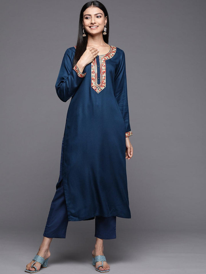 Teal Embroidered Pashmina Wool Straight Kurta