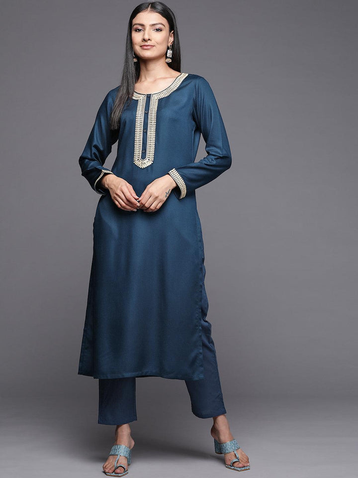 Teal Embroidered Pashmina Wool Straight Kurta
