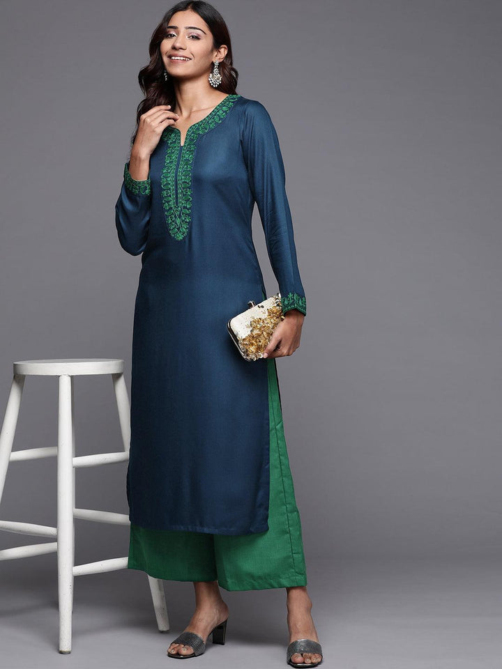 Teal Embroidered Pashmina Wool Straight Kurta