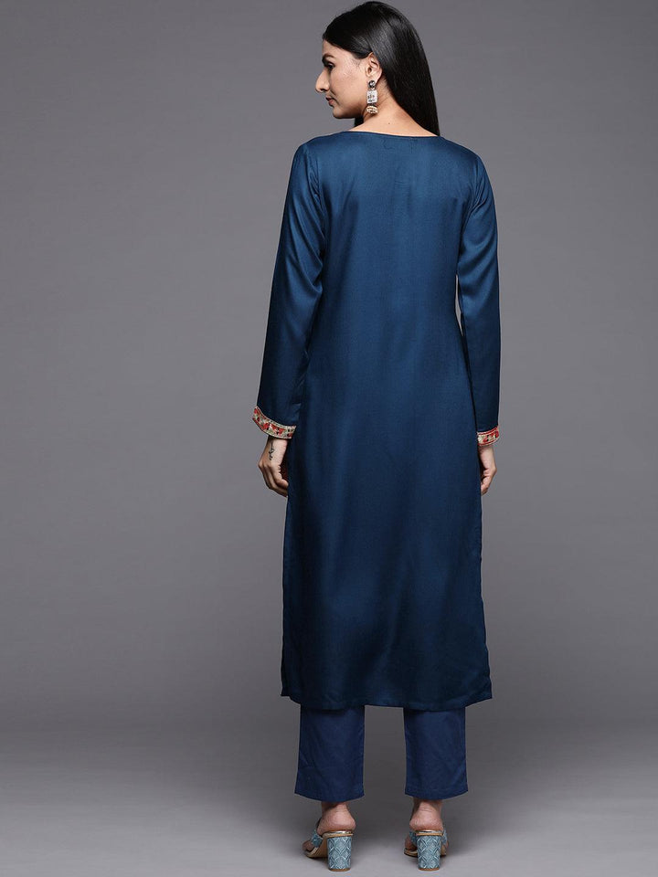 Teal Embroidered Pashmina Wool Straight Kurta