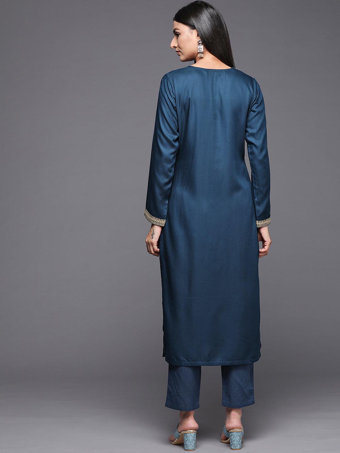 Teal Embroidered Pashmina Wool Straight Kurta - Libas