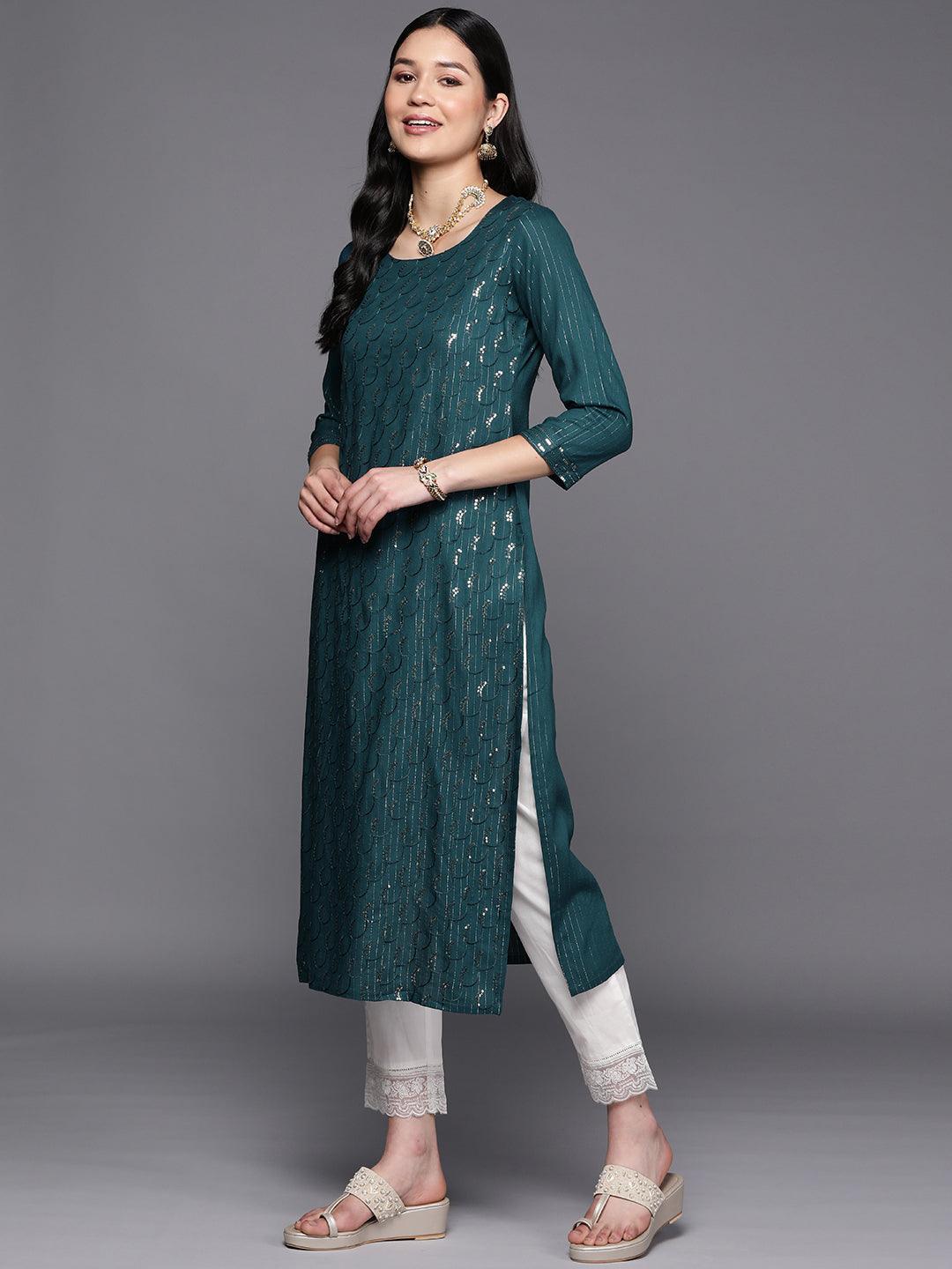 Teal Embroidered Rayon Straight Kurta - ShopLibas
