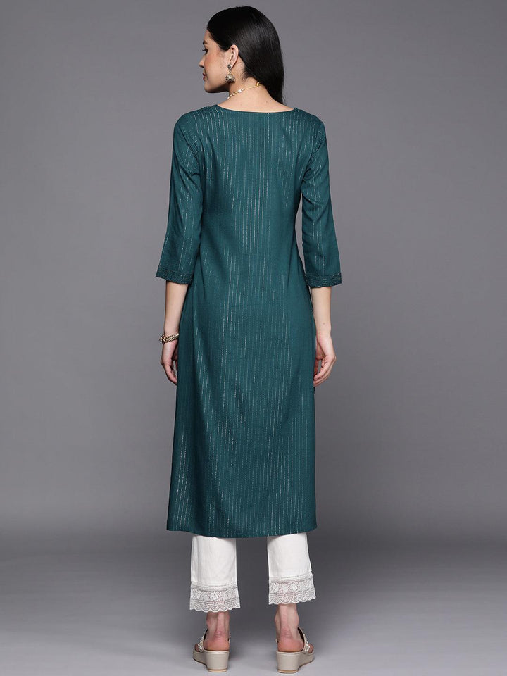 Teal Embroidered Rayon Straight Kurta