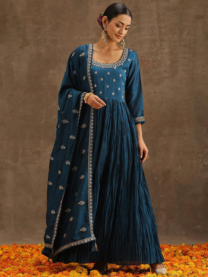 Teal Embroidered Silk Blend Anarkali Suit Set With Trousers