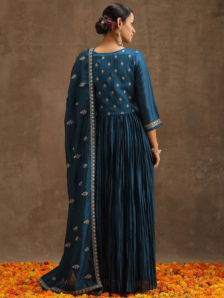 Teal Embroidered Silk Blend Anarkali Suit Set With Trousers