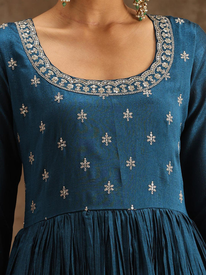 Teal Embroidered Silk Blend Anarkali Suit Set With Trousers