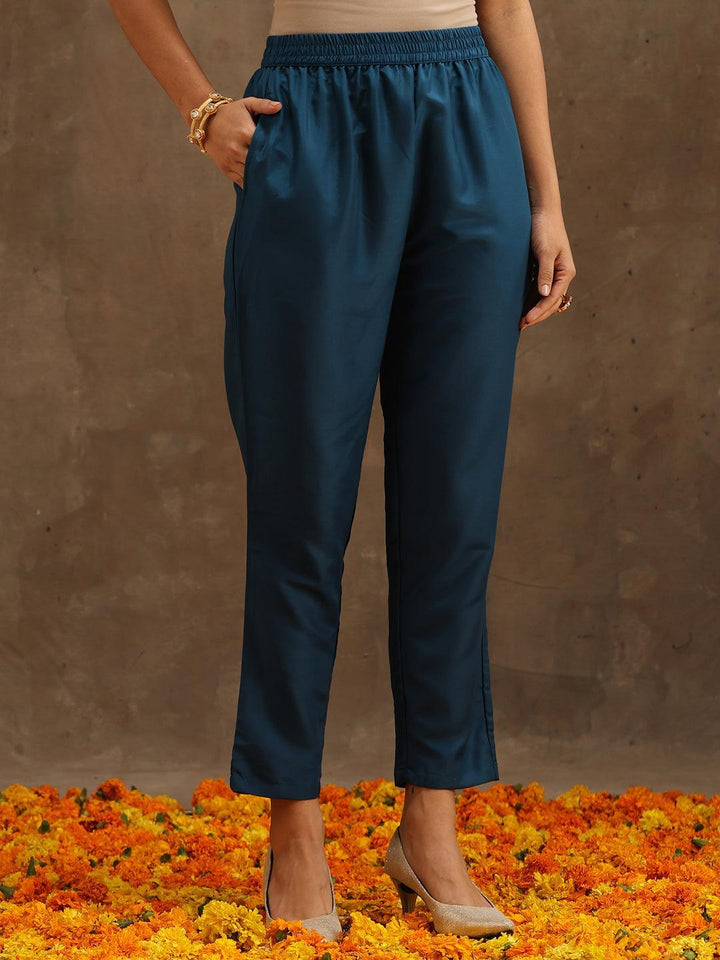 Teal Embroidered Silk Blend Anarkali Suit Set With Trousers