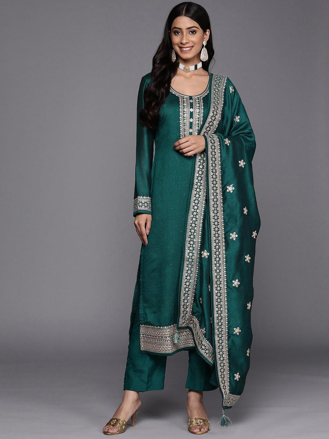 Teal Embroidered Silk Blend Straight Suit With Dupatta