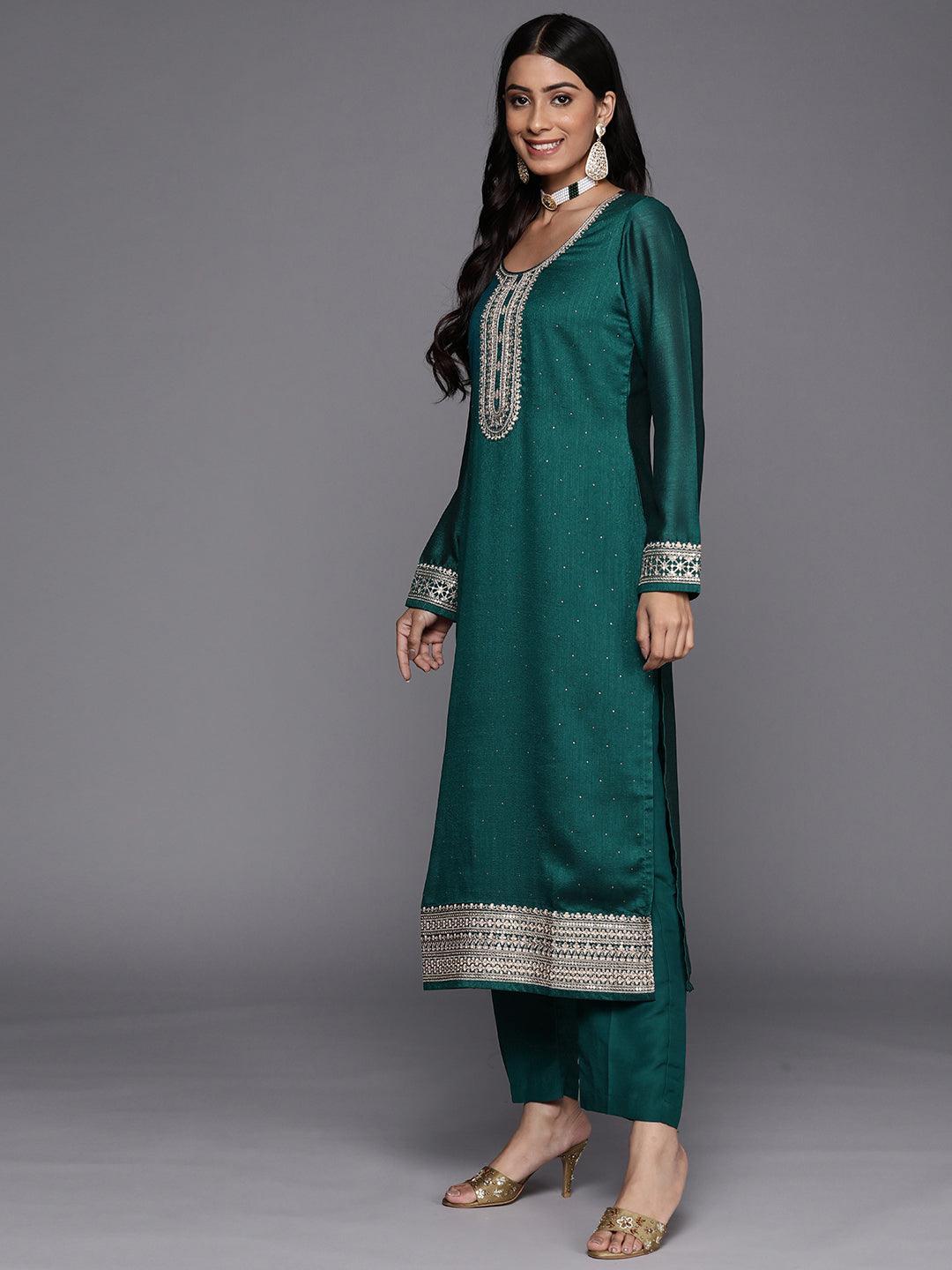 Teal Embroidered Silk Blend Straight Suit Set - ShopLibas