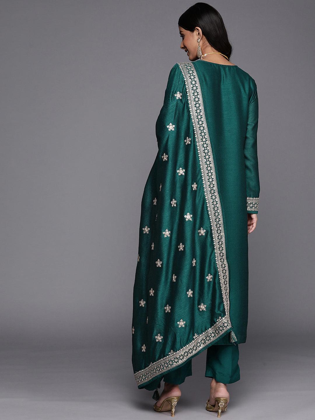 Teal Embroidered Silk Blend Straight Suit Set - ShopLibas