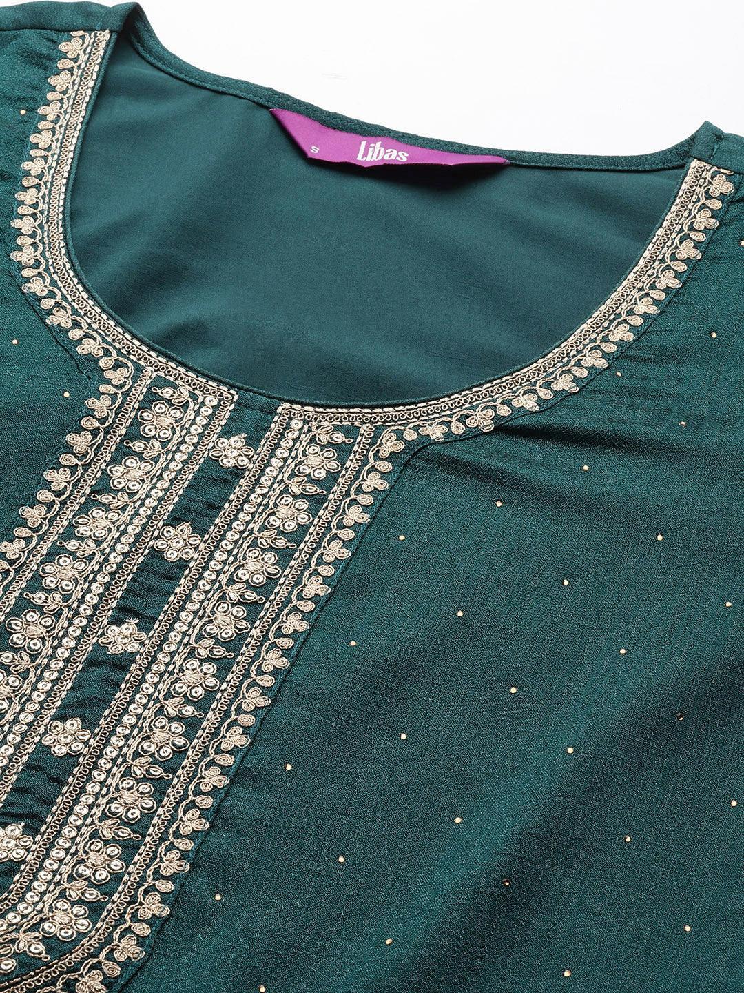 Teal Embroidered Silk Blend Straight Suit Set - ShopLibas