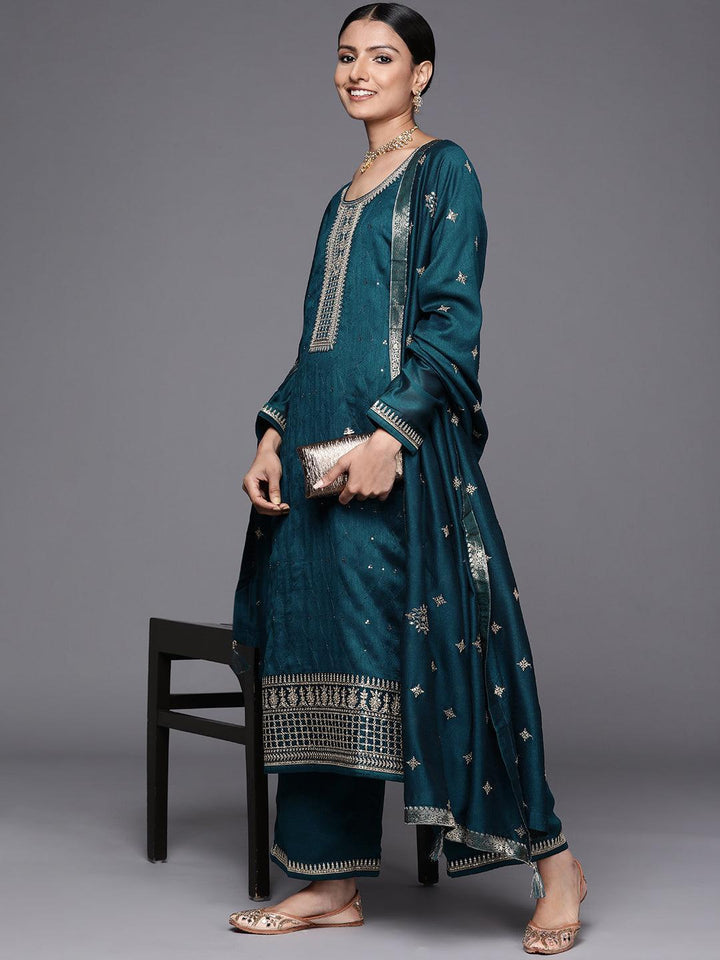 Teal Embroidered Silk Blend Straight Suit Set