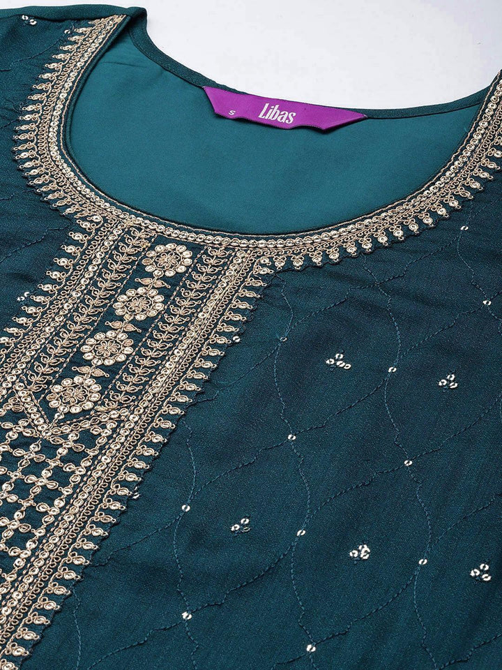 Teal Embroidered Silk Blend Straight Suit Set