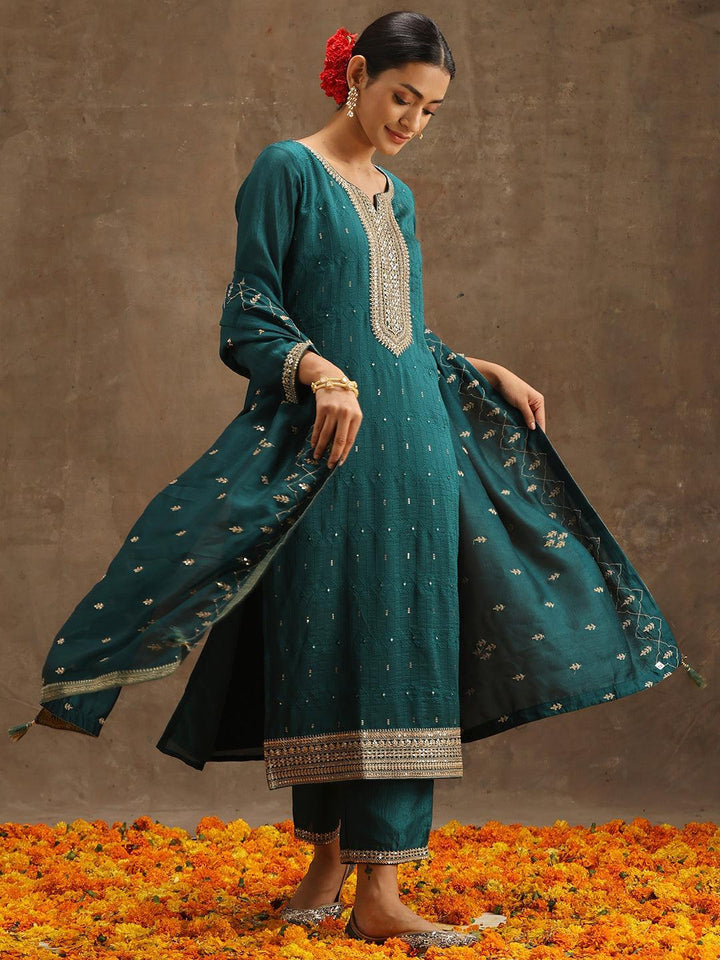 Teal Embroidered Silk Blend Suit Set With Trousers